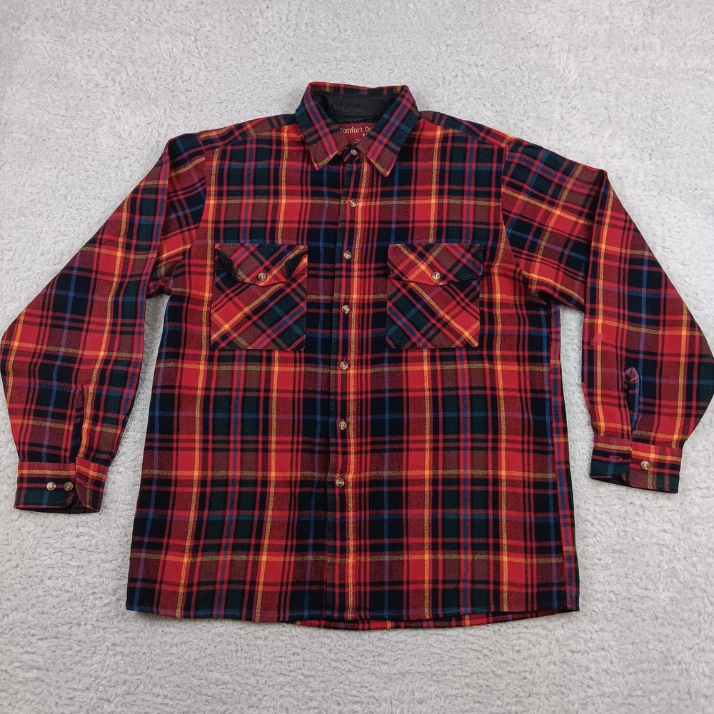 Comfort Outfitter Shirt Plaid Flannel Mens M Red Cotton Long Sleeve Pocket